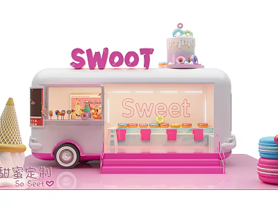 Cute Pink Dessert Truck Photo Spot With Sweet Sign Cake Ice Cream And Macarons 3d model
