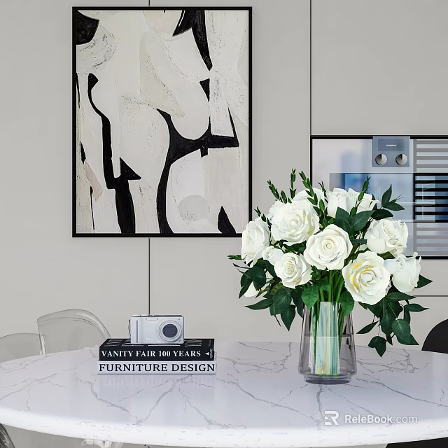 Stylish Decorative Ornament Set With White Roses Glass Vase Books And Abstract Painting 3d model 