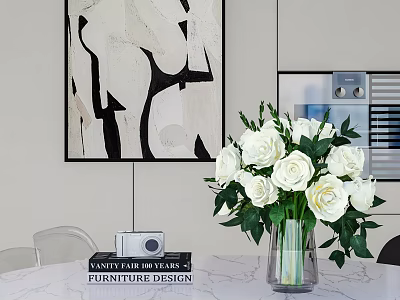 Stylish Decorative Ornament Set With White Roses Glass Vase Books And Abstract Painting 3d model