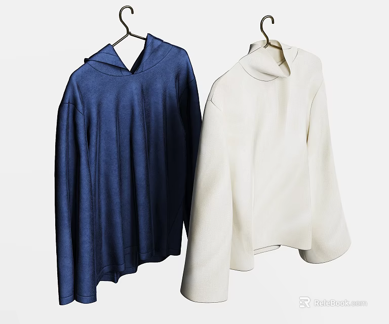 Two Casual Clothes Hanging on Hangers with Blue Hoodie and White Turtleneck 3d model 