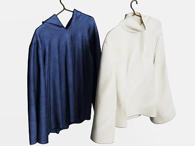 Two Casual Clothes Hanging on Hangers with Blue Hoodie and White Turtleneck 3d model