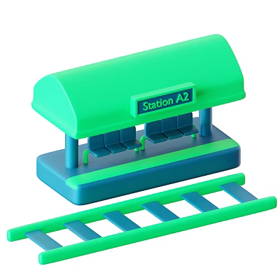 Station A2 Exterior Design With Green Blue Curved Roof Benches And Rail Tracks 3d model
