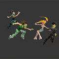 Four Animated Characters In Dynamic Action Poses With Stylish Colorful Outfits