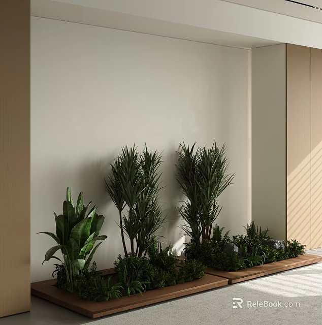 Modern Indoor Different Types Potted Plants Greenery Arrangement With Wooden Stand And Stones 3d model 