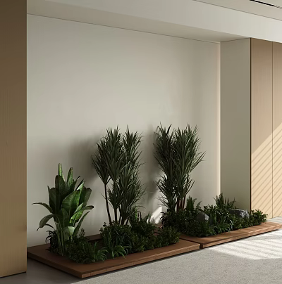 Modern Indoor Different Types Potted Plants Greenery Arrangement With Wooden Stand And Stones 3d model
