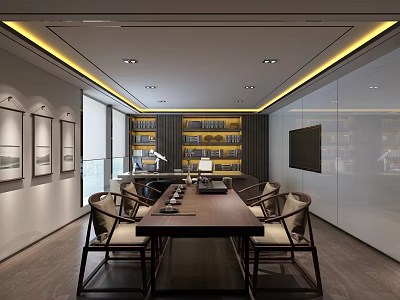 Modern Office Meeting Room Interior With Wooden Table Chairs Bookshelves And TV 3d model