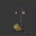 Detailed 3D Scenery With Purple Street Lamp Yellow Barrel And Blue Gravel Ground