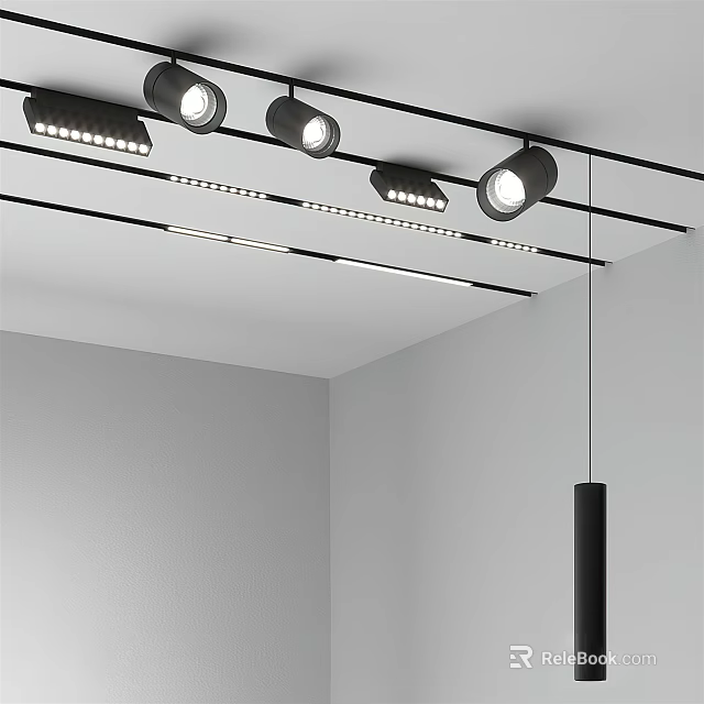 Modern Ceiling Track Lighting With Adjustable Recessed Downlights And Spotlights 3d model 