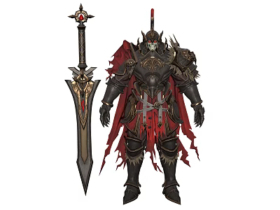 Armored Warrior in Ornate Armor with Red Cape Decorative Helmet and Large Gemstone Sword 3d model