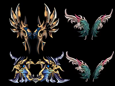Decorative Winged Weapon Accessories With Gold Blue Green Ornate Patterns And Feather Designs 3d model