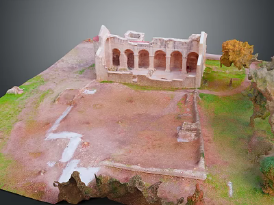 Scenic Landscape Featuring Ancient Stone Ruins Arched Structures Green Grass Surrounding Trees And Rocky Terrain 3d model