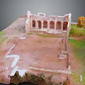 Scenic Landscape Featuring Ancient Stone Ruins Arched Structures Green Grass Surrounding Trees And Rocky Terrain