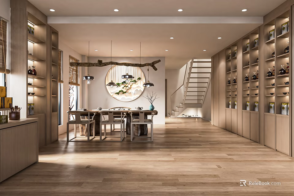 Elegant Modern Boutique Interior With Display Shelves Staircase And Decorative Painting 3d model 