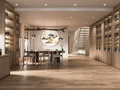 Elegant Modern Boutique Interior With Display Shelves Staircase And Decorative Painting 3d model