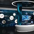 Modern Computer Display Featuring Large Blue Background Screen Various Icons Interfaces And White Curved Stand 3d model