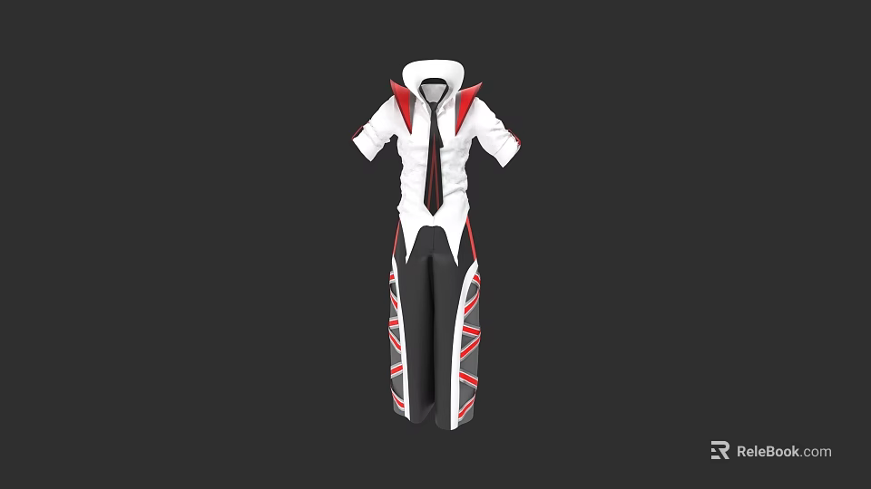 Stylish White Short Sleeve Shirt With Red Black Accents And Matching Pants 3d model 