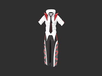 Stylish White Short Sleeve Shirt With Red Black Accents And Matching Pants 3d model