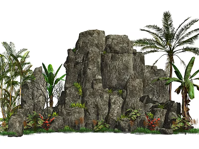 Natural Garden Ornament Featuring Rock Formation Palm Trees Banana Trees Green Foliage and Red Flowers 3d model