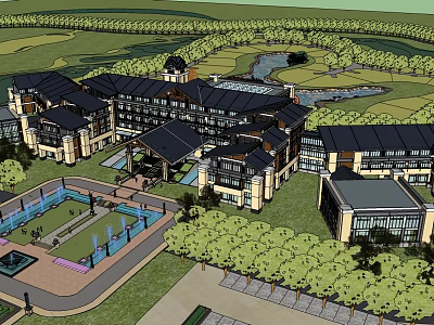 Modern Hotel Building Complex Featuring Courtyard Pool Lush Greenery And Trees 3d model