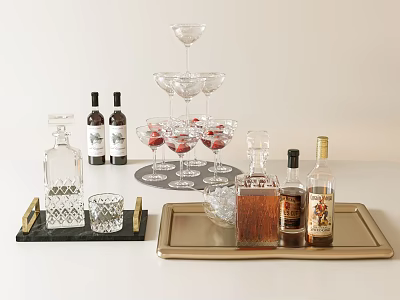 Elegant Wine Bottles And Glasses Arranged On Gold And Black Trays With Red Drinks 3d model
