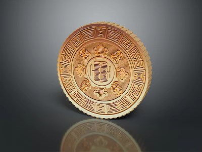 Golden Circular Carved Decorative Object With Traditional Patterns And Central Xi Character 3d model