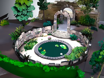 Cartoon Scene With Circular Pond Lily Pads Lotus Flowers Stone Fence And Arched Gate 3d model