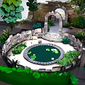 Cartoon Scene With Circular Pond Lily Pads Lotus Flowers Stone Fence And Arched Gate