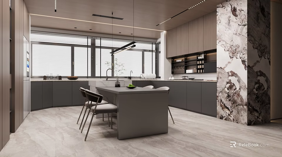 Modern Kitchen Interior With Gray Cabinets Island Counter Pendant Lights And Large Windows 3d model 