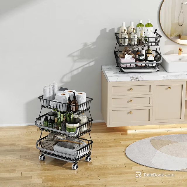 Bathroom Wheeled Multi-tiered Storage Shelf with Toiletries beside Sink Counter and Cabinets 3d model 