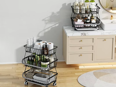Bathroom Wheeled Multi-tiered Storage Shelf with Toiletries beside Sink Counter and Cabinets 3d model