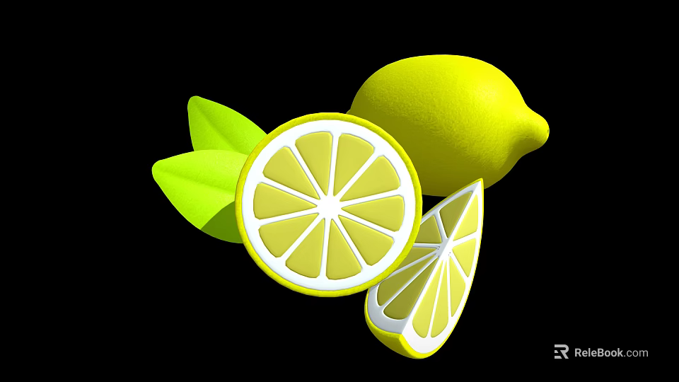 Fresh Lemon With Sliced Pieces And Green Leaves On Black Background 3d model 