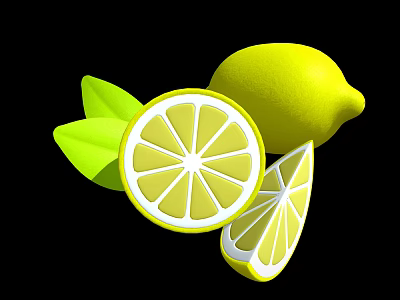 Fresh Lemon With Sliced Pieces And Green Leaves On Black Background 3d model
