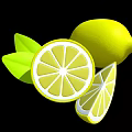Fresh Lemon With Sliced Pieces And Green Leaves On Black Background