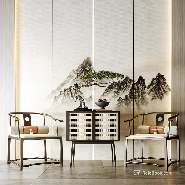 Traditional Chinese Leisure Chairs with Mountain Pine Landscape Wall Art and Lattice Cabinet in Interior Setting 3d model 