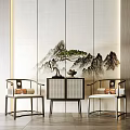 Traditional Chinese Leisure Chairs with Mountain Pine Landscape Wall Art and Lattice Cabinet in Interior Setting