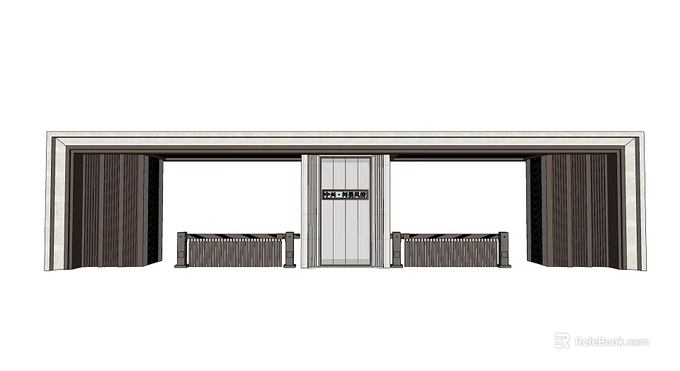 Modern Entrance Gate Design With Central Door Pillars And Railings 3d model 