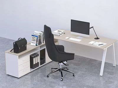 Modern Office Desk With Black Chair Computer Monitor Desk Lamp Storage Cabinet Briefcase And Documents 3d model