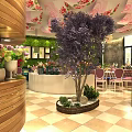 Stylish Restaurant Interior With Green Wall Flower Decorations Chandeliers Checkerboard Floor And Sofa Seating