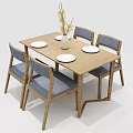 Modern Dining Table Set With Blue Gray Chairs Vase And Tableware 3d model