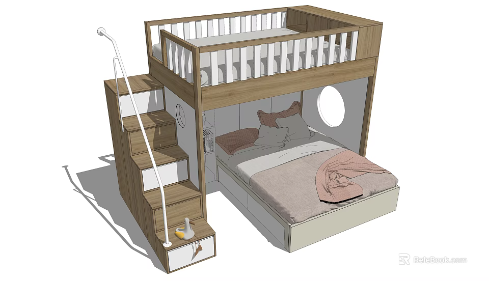 Modern Wooden Bunk Bed With Staircase Lower Bed Mattress Pillows And Storage 3d model 
