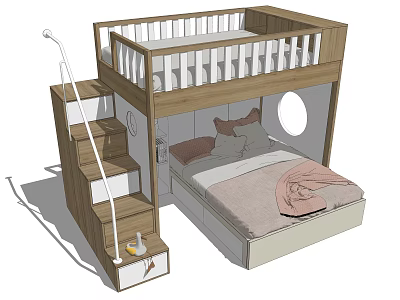 Modern Wooden Bunk Bed With Staircase Lower Bed Mattress Pillows And Storage 3d model