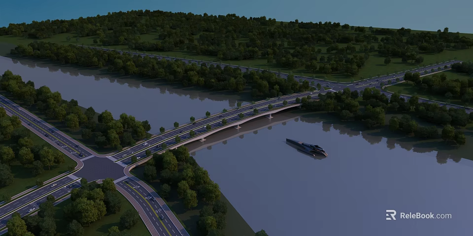 Scenic Bridge Over River With Green Trees Boat And Connecting Roads In Landscape 3d model 