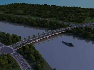 Scenic Bridge Over River With Green Trees Boat And Connecting Roads In Landscape 3d model
