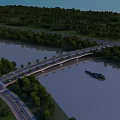 Scenic Bridge Over River With Green Trees Boat And Connecting Roads In Landscape