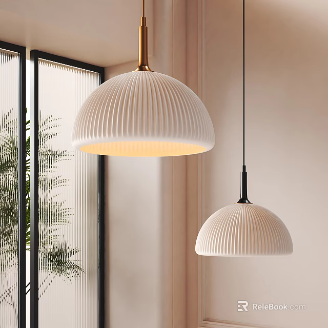 Elegant White Ribbed Pendant Lights With Gold And Black Hanging Rods Near Window 3d model 
