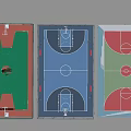Three Different Colored Basketball Court Designs With Green Blue Red Surfaces And Standard Lines