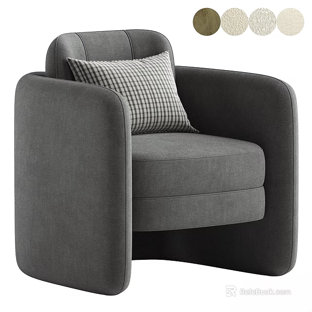 Modern Gray Accent Chair With Armrest And Checkered Decorative Pillow 3d model 