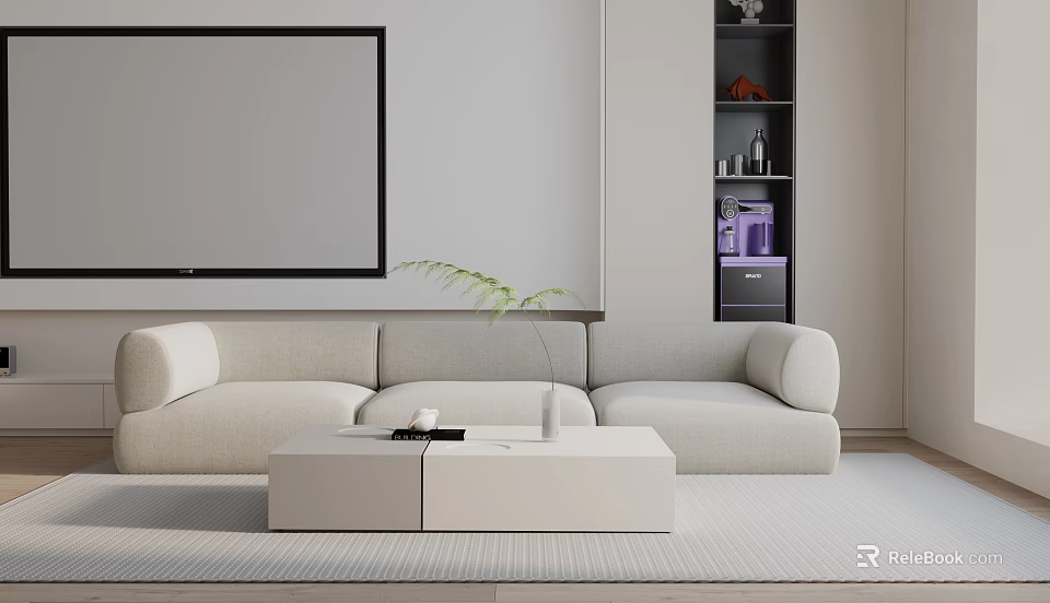 Modern Three Seater Sofa In Light Beige With Coffee Table Potted Plant And TV 3d model 