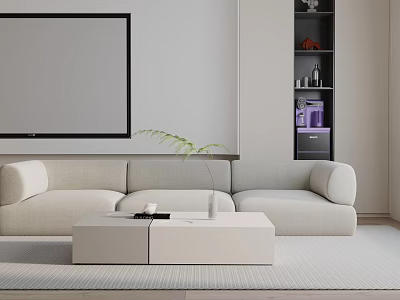 Modern Three Seater Sofa In Light Beige With Coffee Table Potted Plant And TV 3d model
