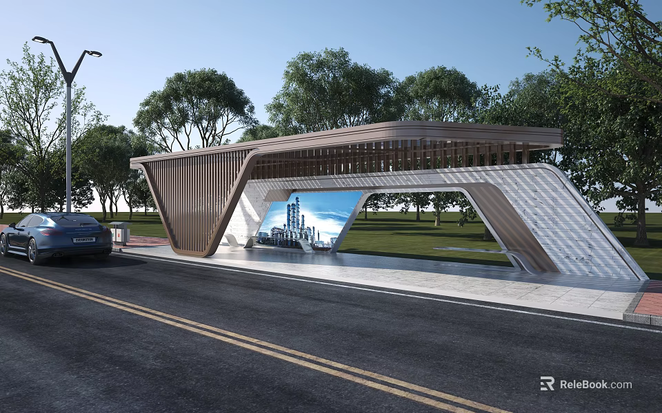 Modern Bus Shelter With Wooden Roof Structure Glass Panel Roadside Trees And Clear Sky 3d model 